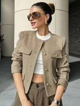 Aurohaya Tweed Court Blazer for Women Round Collar Short Jacket with Buttons & Pockets